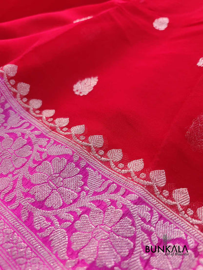 Red and Pink Allover Silver Zari Buti Handloom Banarasi Pure Khaddi Chiffon Saree