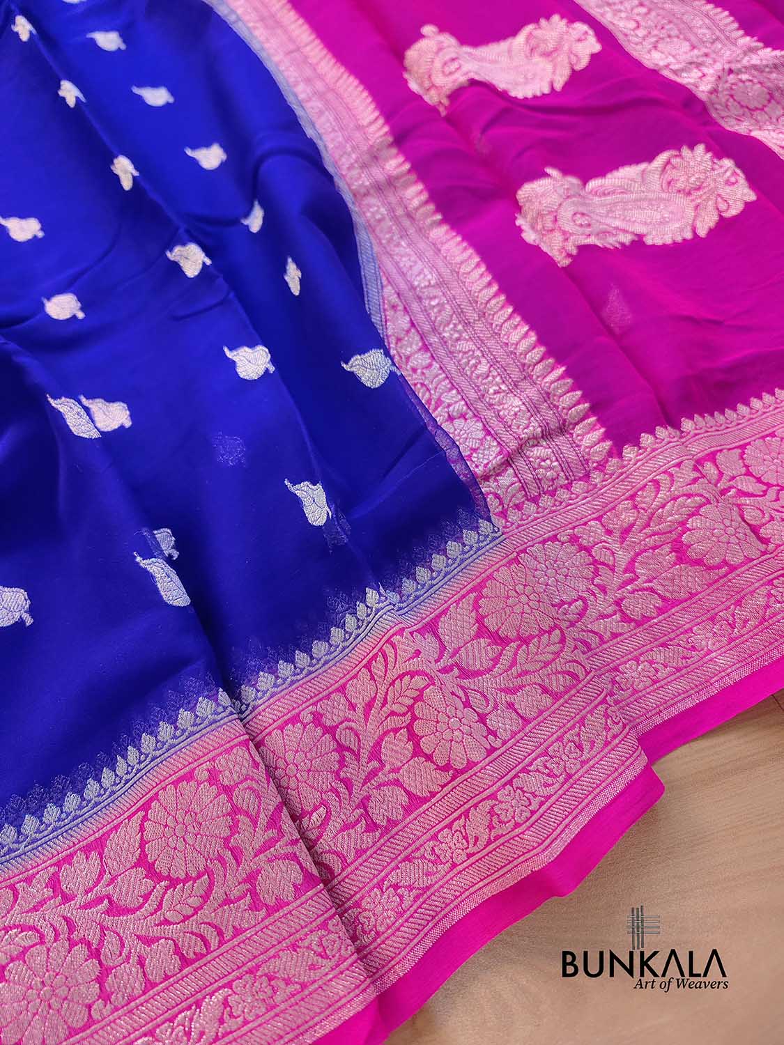 Royal Blue and Pink Allover Silver Zari Buti Handloom Banarasi Pure Khaddi Chiffon Saree