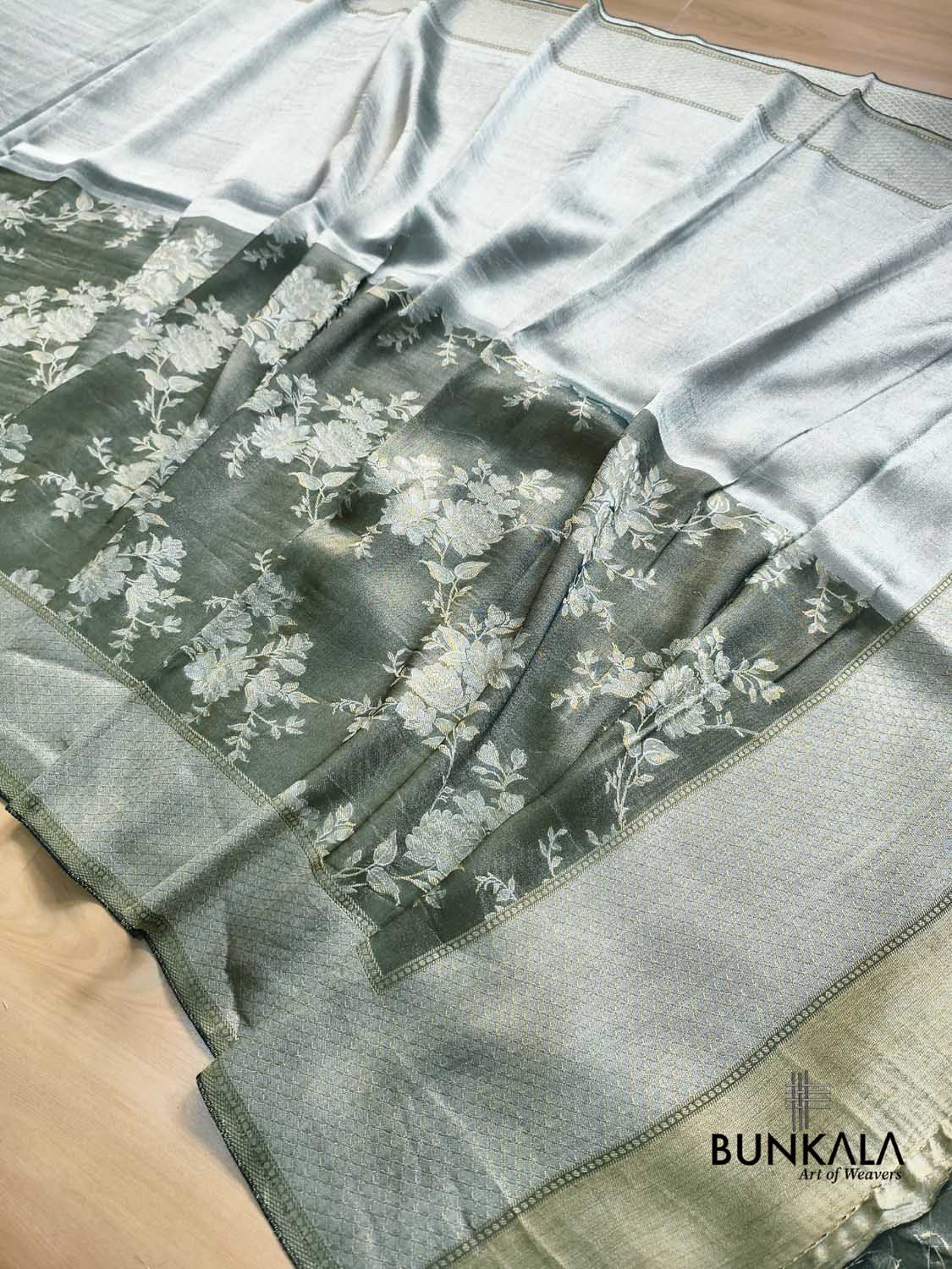Greenish Grey Half and Half Floral Banarasi Resham Silk Saree
