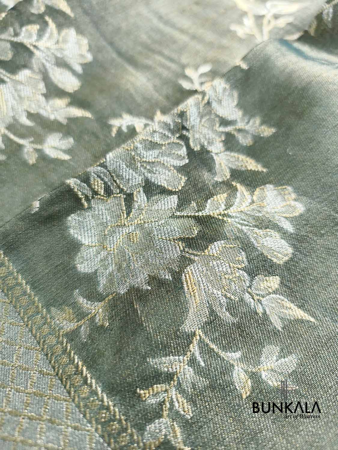 Greenish Grey Half and Half Floral Banarasi Resham Silk Saree