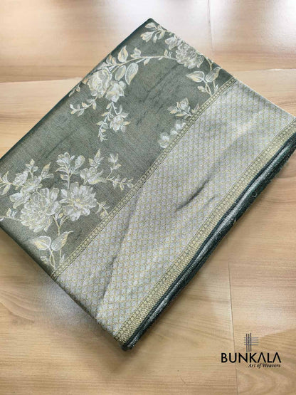 Greenish Grey Half and Half Floral Banarasi Resham Silk Saree