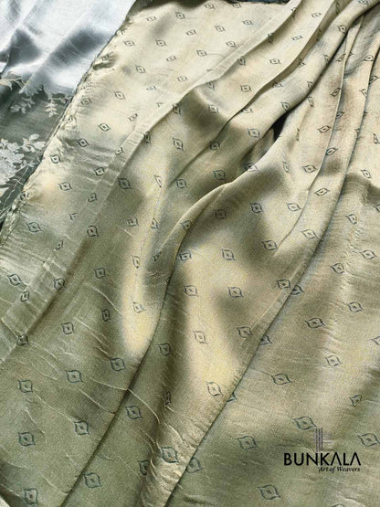 Greenish Grey Half and Half Floral Banarasi Resham Silk Saree