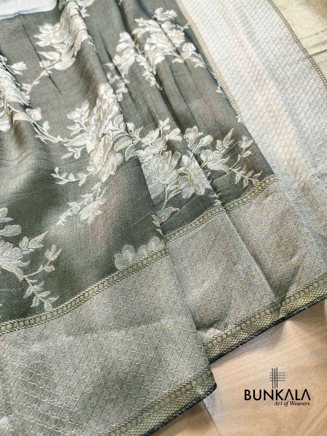 Greenish Grey Half and Half Floral Banarasi Resham Silk Saree