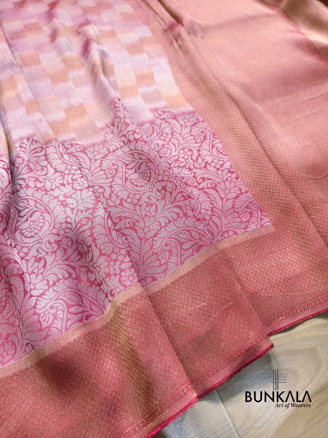 Peach Pink Half and Half Checks Banarasi Resham Silk Saree