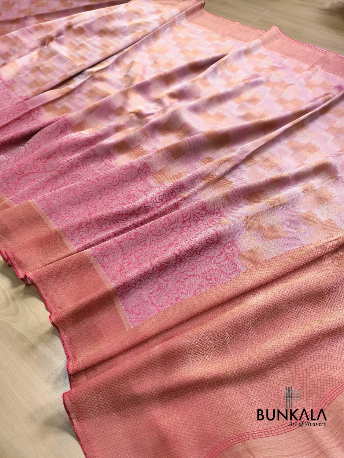 Peach Pink Half and Half Checks Banarasi Resham Silk Saree