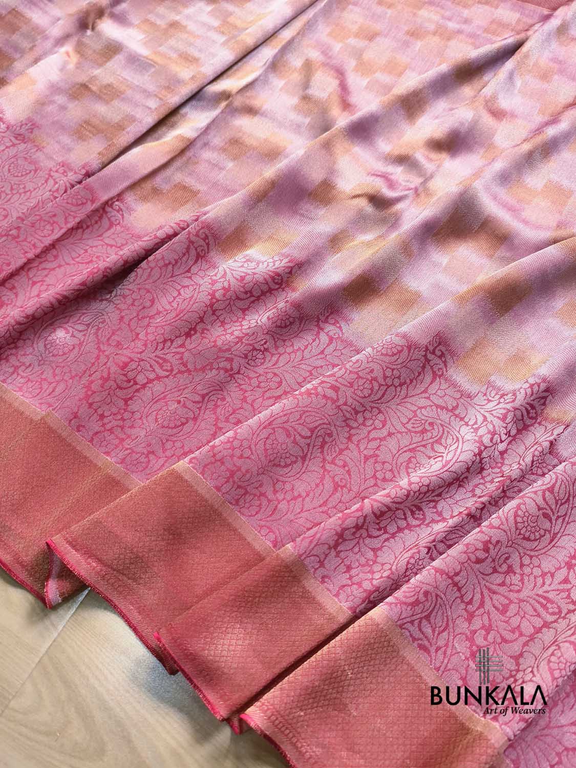 Peach Pink Half and Half Checks Banarasi Resham Silk Saree
