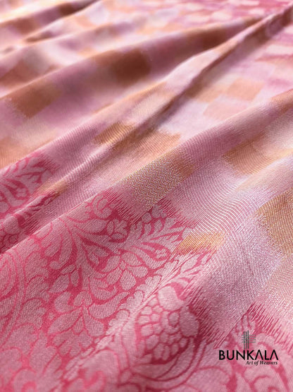 Peach Pink Half and Half Checks Banarasi Resham Silk Saree