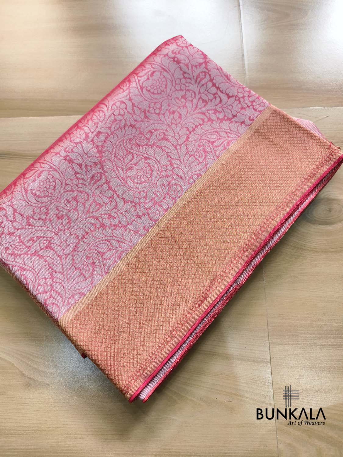 Peach Pink Half and Half Checks Banarasi Resham Silk Saree