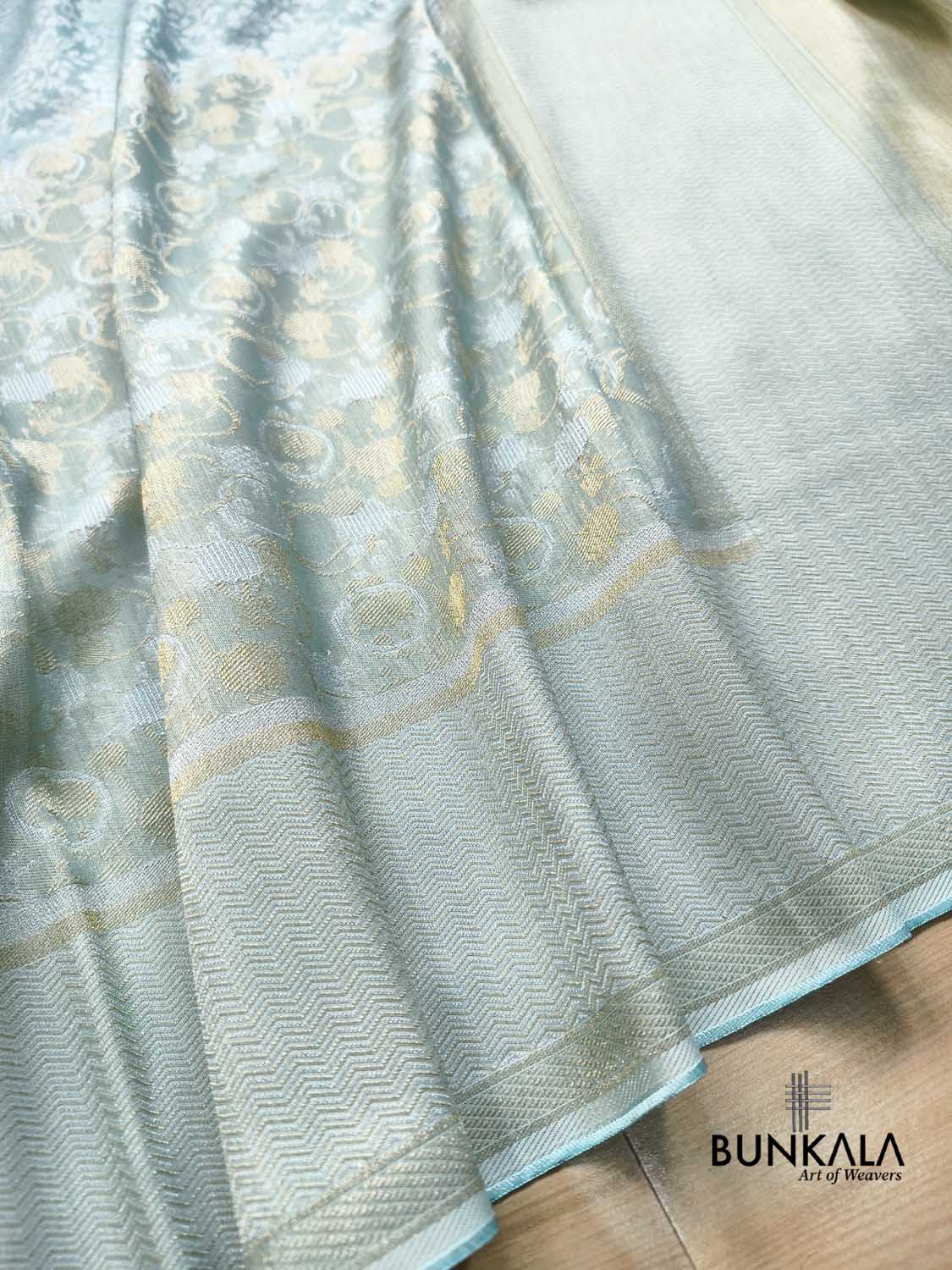 Ice Blue Half and Half Floral Banarasi Resham Silk Saree