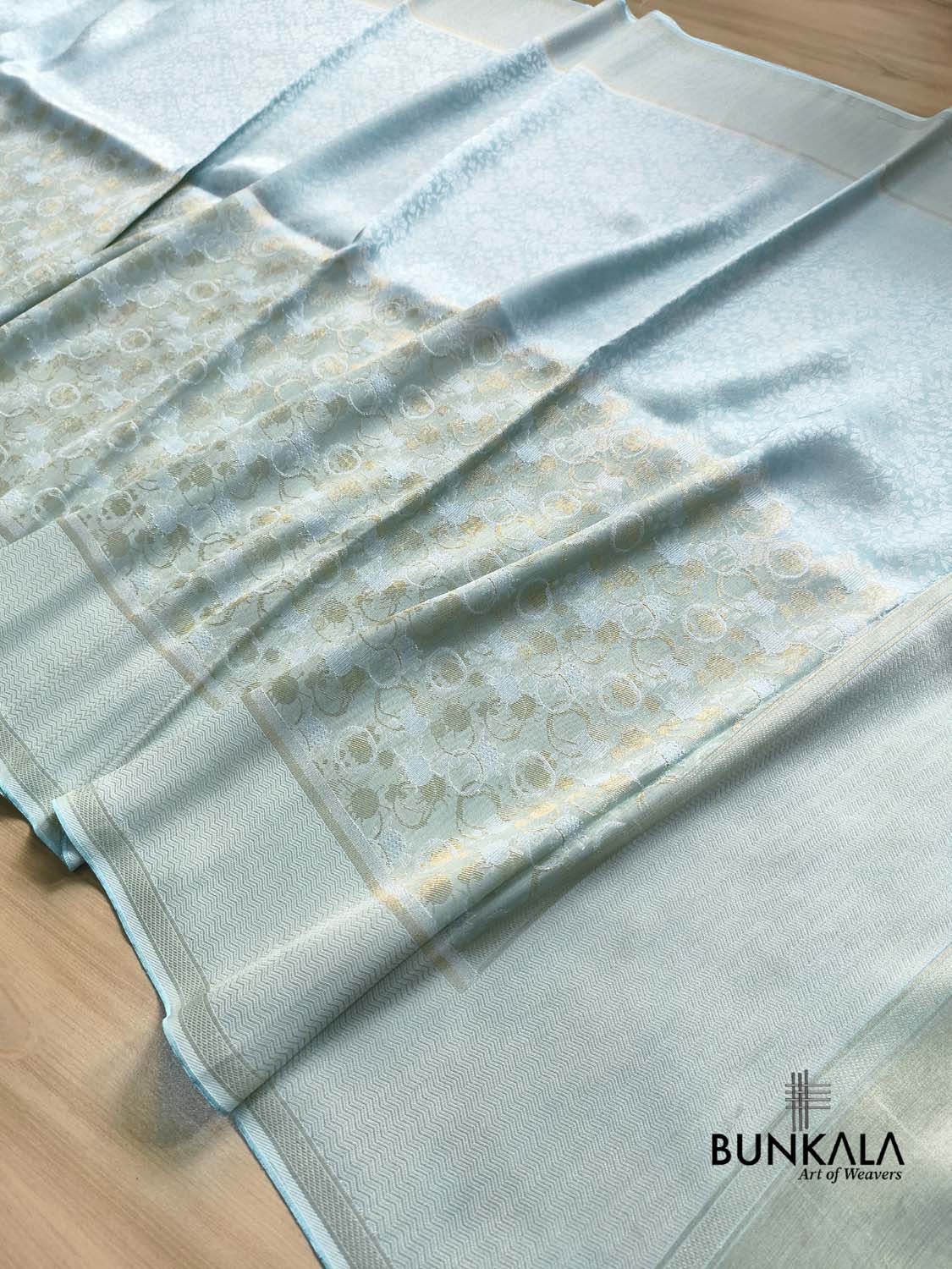 Ice Blue Half and Half Floral Banarasi Resham Silk Saree