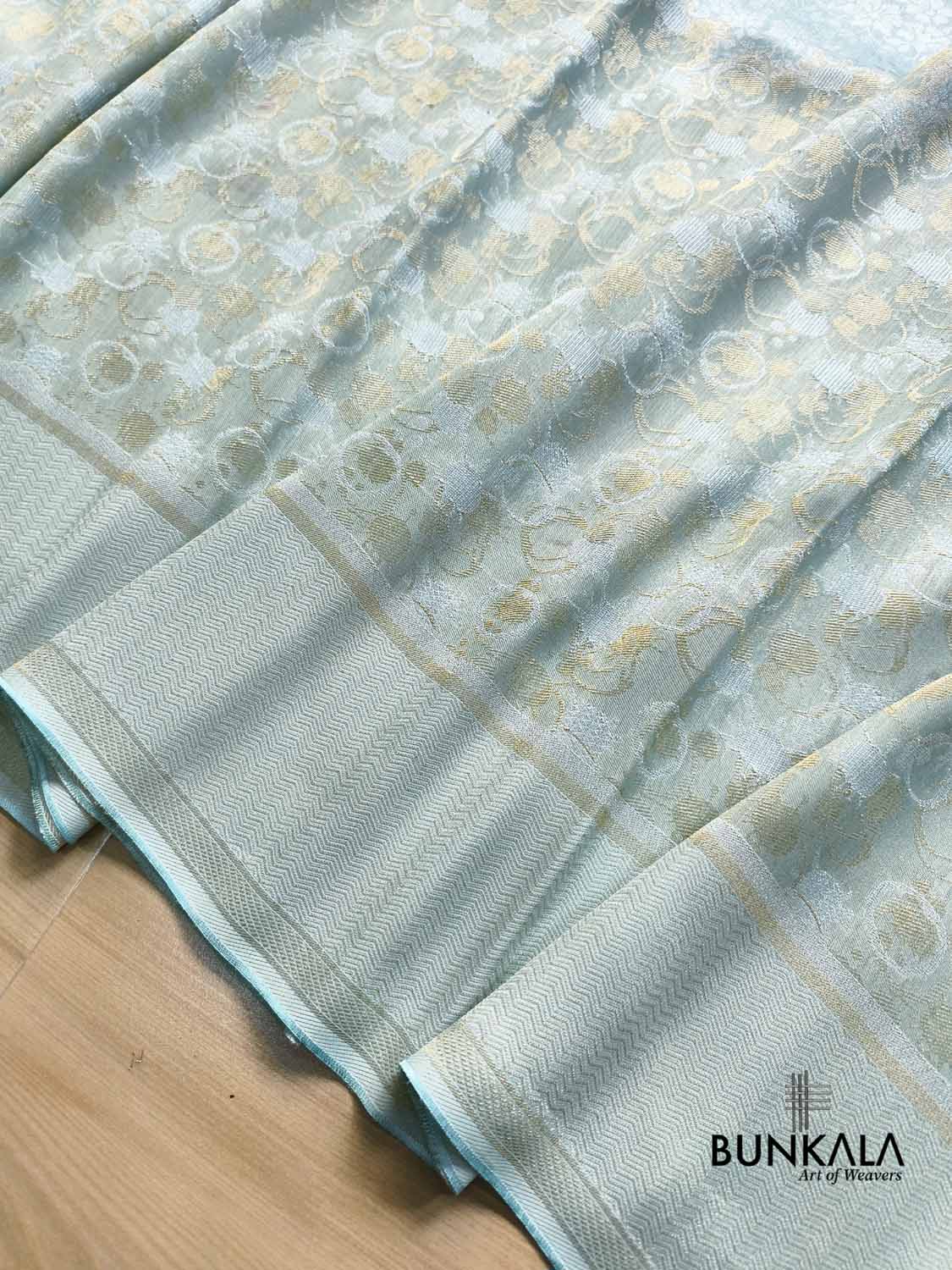 Ice Blue Half and Half Floral Banarasi Resham Silk Saree