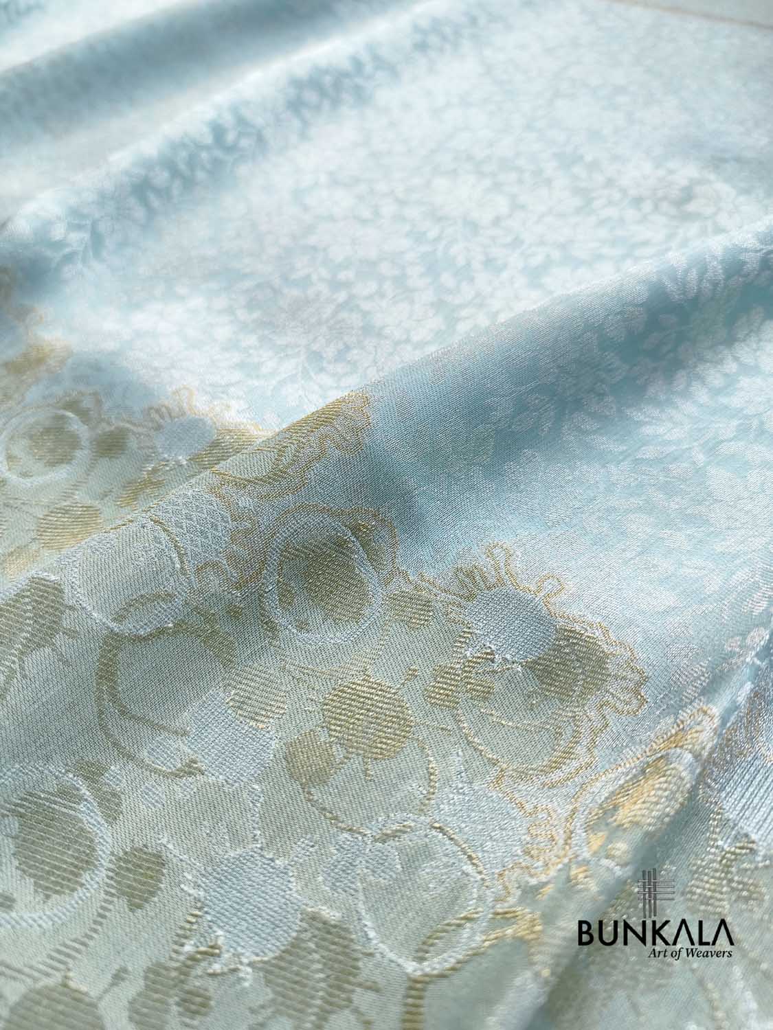 Ice Blue Half and Half Floral Banarasi Resham Silk Saree