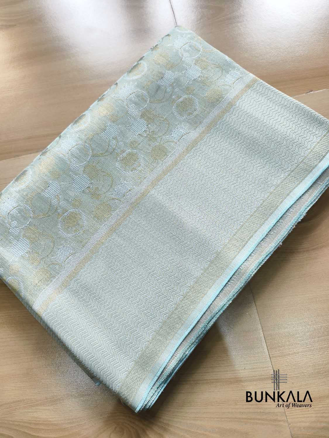 Ice Blue Half and Half Floral Banarasi Resham Silk Saree