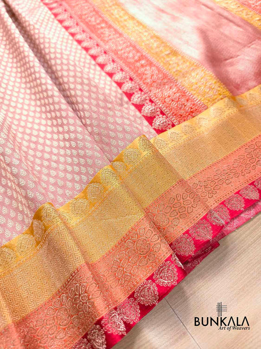 Pastel Pink Brocade Tanchui Kadwa Handweaved Banarasi Pure Katan Silk Saree Contrast Border 