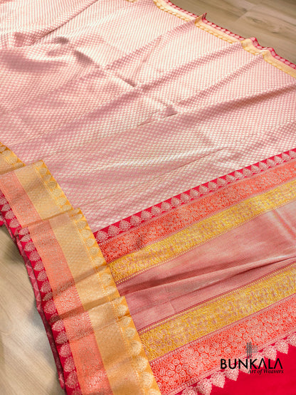 Pastel Pink Brocade Tanchui Kadwa Handweaved Banarasi Pure Katan Silk Saree Contrast Border 