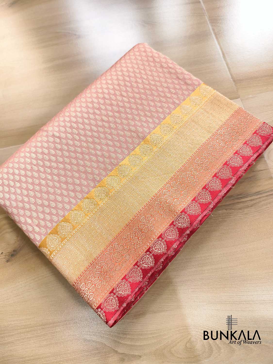 Pastel Pink Brocade Tanchui Kadwa Handweaved Banarasi Pure Katan Silk Saree Contrast Border 