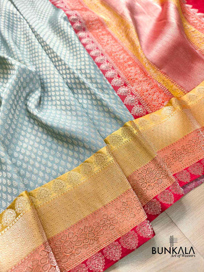 Pastel Blue Brocade Tanchui Kadwa Handweaved Banarasi Pure Katan Silk Saree Contrast Border