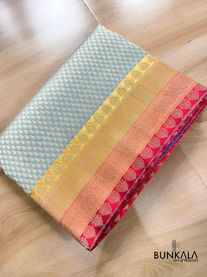 Pastel Blue Brocade Tanchui Kadwa Handweaved Banarasi Pure Katan Silk Saree Contrast Border