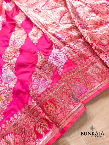 Dual Pink Shade Jangla Meenakari Stripe Kadwa Handweaved Banarasi Pure Katan Silk Saree
