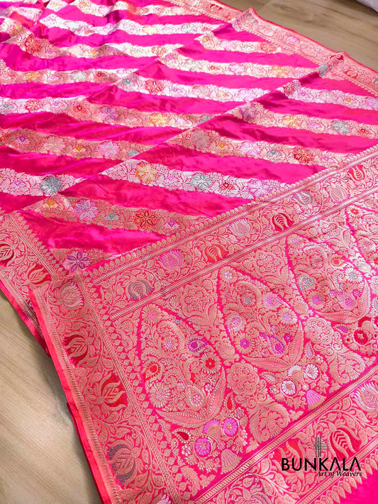 Dual Pink Shade Jangla Meenakari Stripe Kadwa Handweaved Banarasi Pure Katan Silk Saree