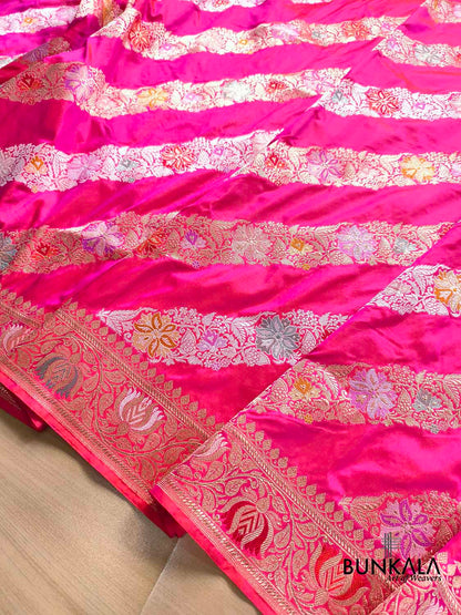 Dual Pink Shade Jangla Meenakari Stripe Kadwa Handweaved Banarasi Pure Katan Silk Saree