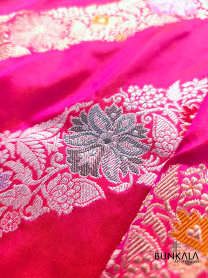 Dual Pink Shade Jangla Meenakari Stripe Kadwa Handweaved Banarasi Pure Katan Silk Saree