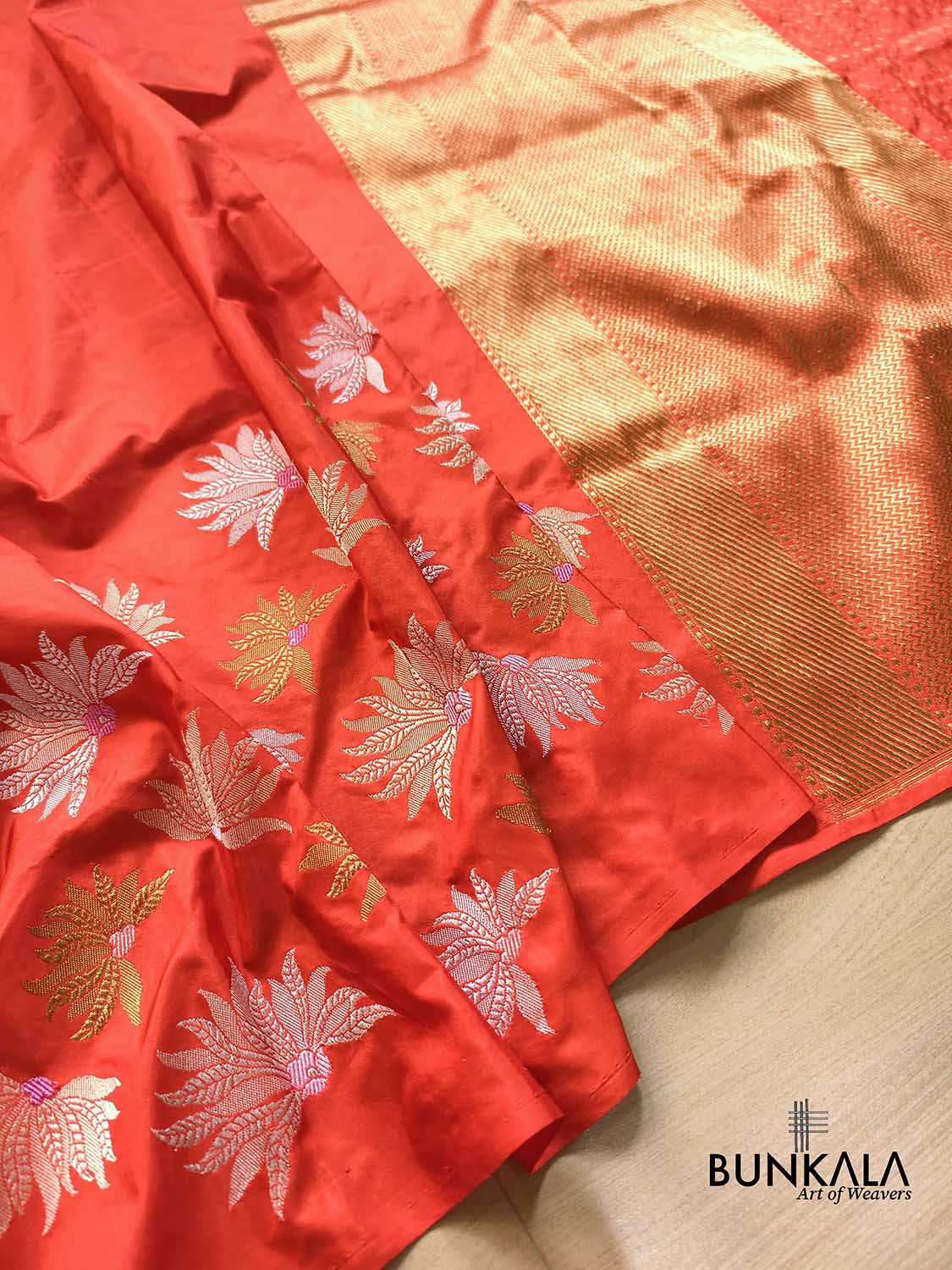 Burnt Orange Half and Half Big Flower Buta Kadwa Handweaved Banarasi Pure Katan Silk Saree