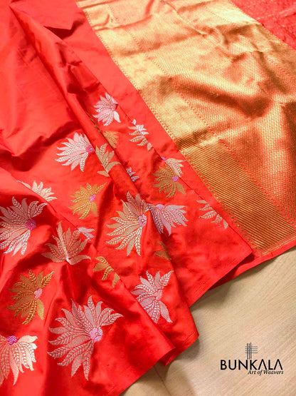 Burnt Orange Half and Half Big Flower Buta Kadwa Handweaved Banarasi Pure Katan Silk Saree