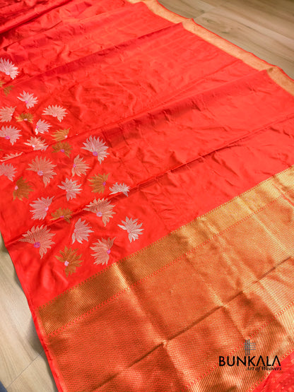 Burnt Orange Half and Half Big Flower Buta Kadwa Handweaved Banarasi Pure Katan Silk Saree