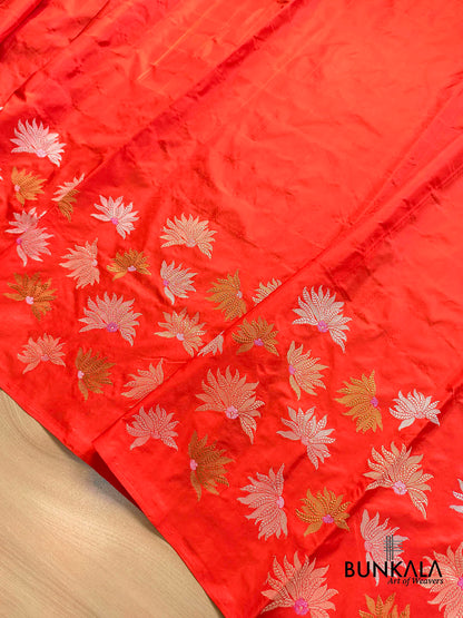 Burnt Orange Half and Half Big Flower Buta Kadwa Handweaved Banarasi Pure Katan Silk Saree