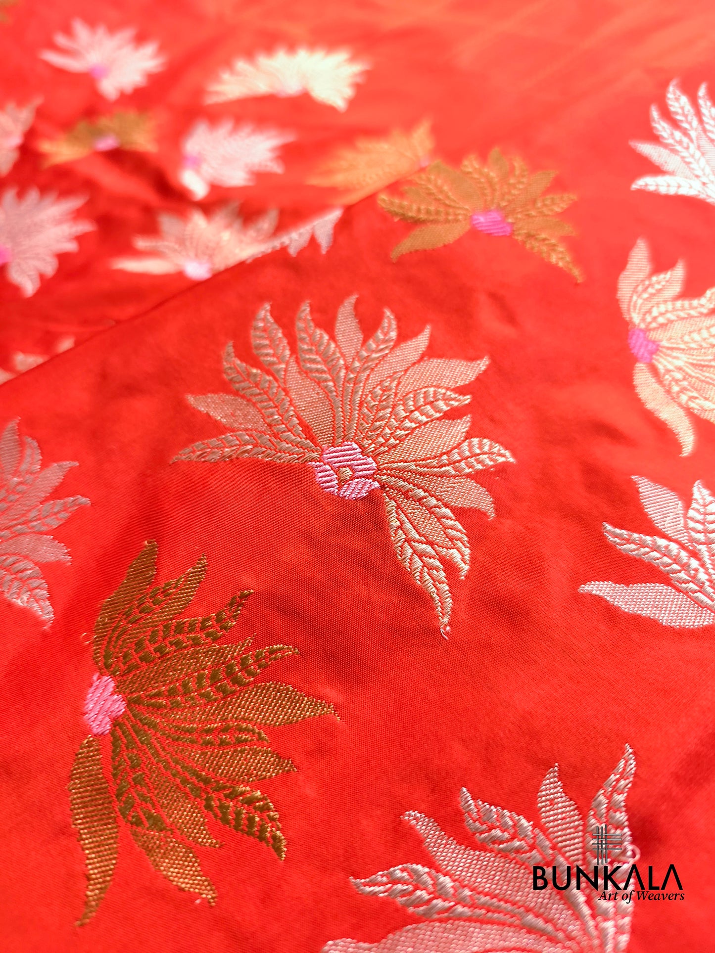 Burnt Orange Half and Half Big Flower Buta Kadwa Handweaved Banarasi Pure Katan Silk Saree