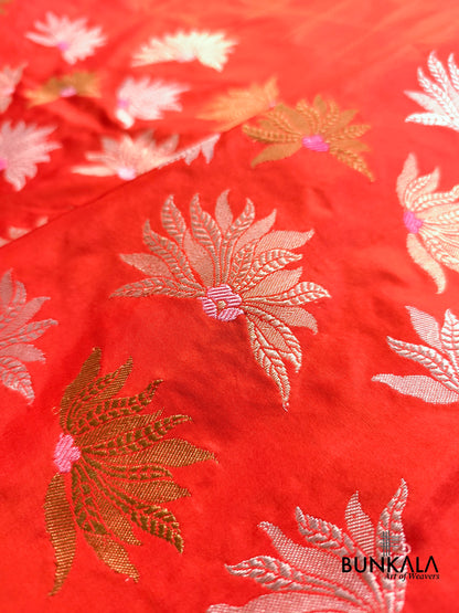 Burnt Orange Half and Half Big Flower Buta Kadwa Handweaved Banarasi Pure Katan Silk Saree