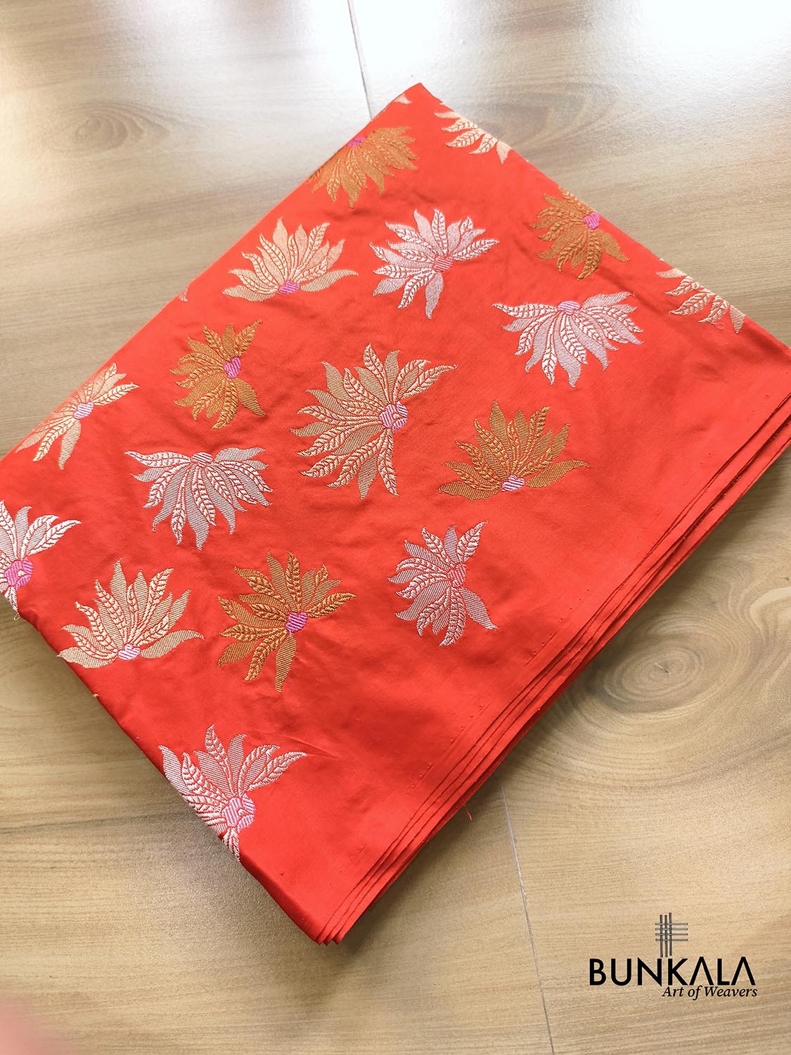 Burnt Orange Half and Half Big Flower Buta Kadwa Handweaved Banarasi Pure Katan Silk Saree