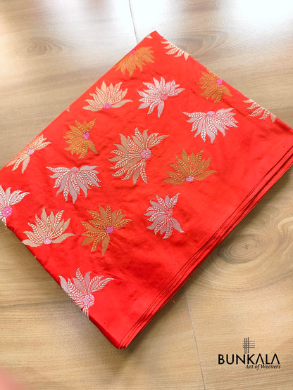 Burnt Orange Half and Half Big Flower Buta Kadwa Handweaved Banarasi Pure Katan Silk Saree
