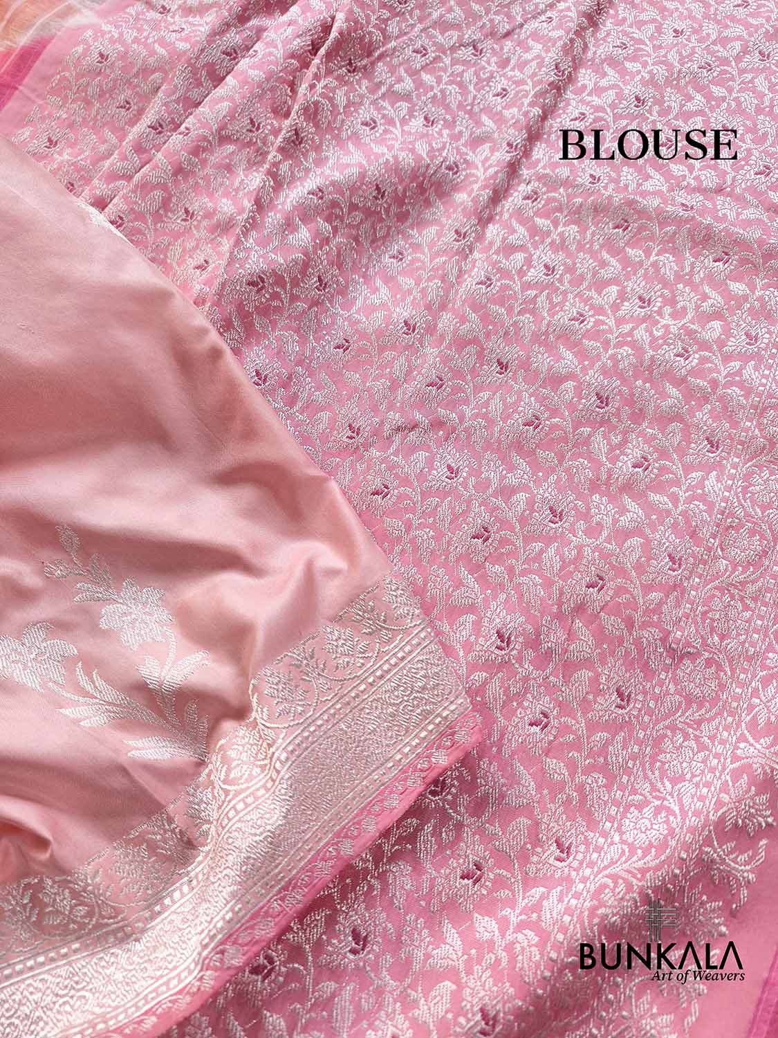 Pastel Peach Ektara Kadwa Handweaved Silver Zari Buta Banarasi Pure Katan Silk Saree