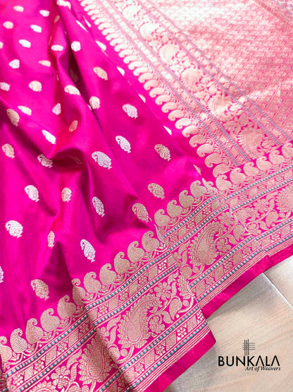 Gulabi Pink Sona Rupa Paisley Buti Kadwa Handweaved Banarasi Pure Katan Silk Saree