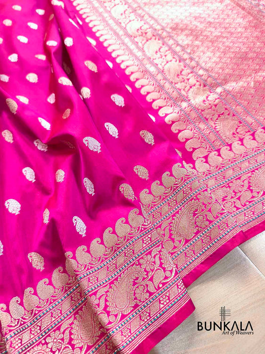 Gulabi Pink Sona Rupa Paisley Buti Kadwa Handweaved Banarasi Pure Katan Silk Saree