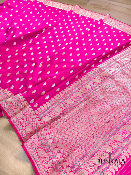 Gulabi Pink Sona Rupa Paisley Buti Kadwa Handweaved Banarasi Pure Katan Silk Saree