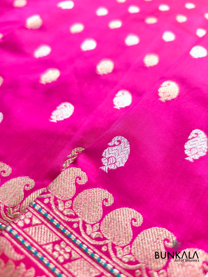 Gulabi Pink Sona Rupa Paisley Buti Kadwa Handweaved Banarasi Pure Katan Silk Saree