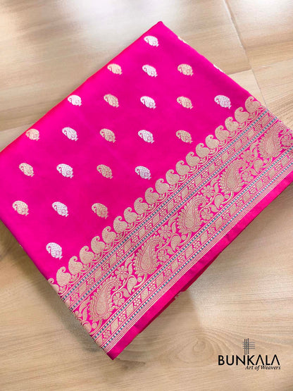 Gulabi Pink Sona Rupa Paisley Buti Kadwa Handweaved Banarasi Pure Katan Silk Saree