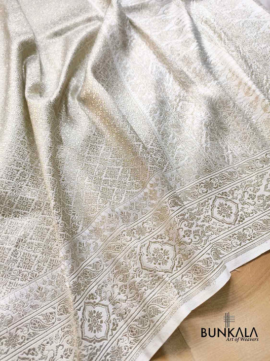 Pastel Ivory Brocade Weaved Banarasi Mashru Silk Saree
