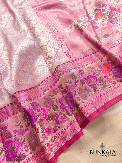 Lavender Geometric Body Floral Meenakari Border Banarasi Silk Saree