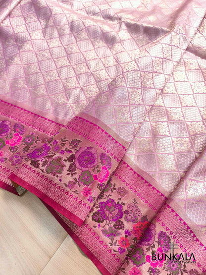 Lavender Geometric Body Floral Meenakari Border Banarasi Silk Saree