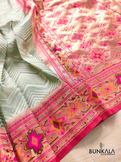 Pastel Green Zig Zag Meenakari Border Banarasi Silk Saree