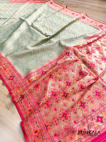 Pastel Green Zig Zag Meenakari Border Banarasi Silk Saree