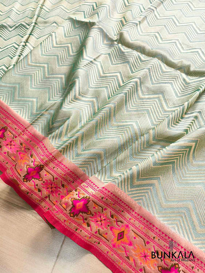 Pastel Green Zig Zag Meenakari Border Banarasi Silk Saree