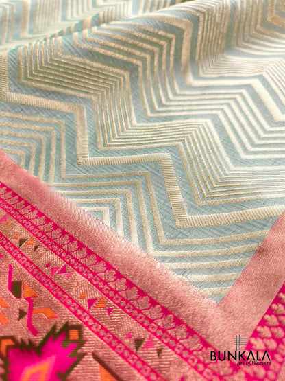 Pastel Green Zig Zag Meenakari Border Banarasi Silk Saree