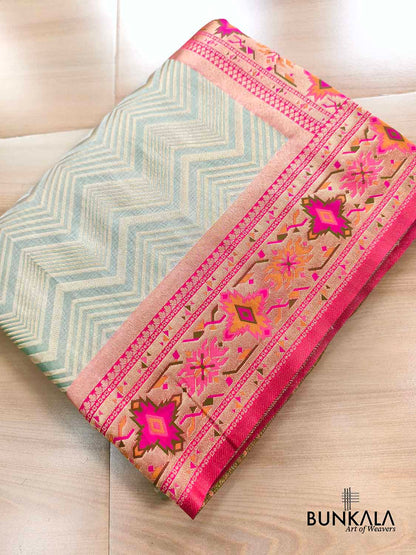Pastel Green Zig Zag Meenakari Border Banarasi Silk Saree