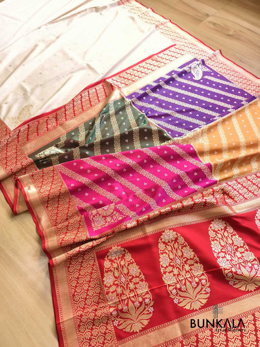 Heritage Ivory Char Ghar Rangkaat Pallu Kadwa Handweaved Banarasi Pure Katan Silk Saree