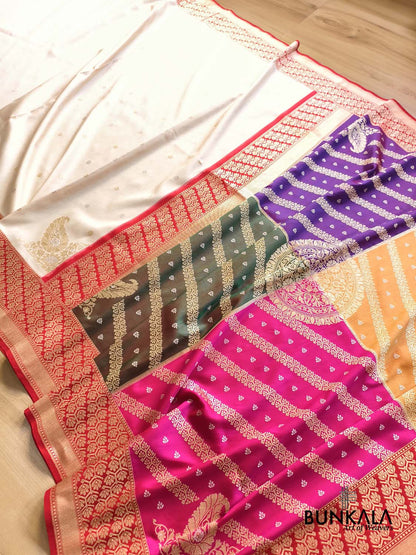 Heritage Ivory Char Ghar Rangkaat Pallu Kadwa Handweaved Banarasi Pure Katan Silk Saree